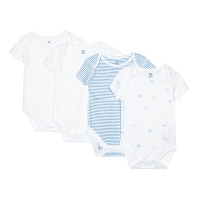 Pack of four babies blue star and transport printed bodysuits